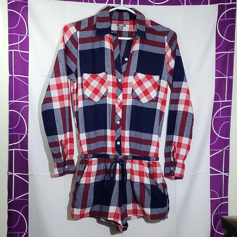 American Eagle Aerie Red/Blue/White Long Sleeve Plaid 4-Pocket Romper - XSmall